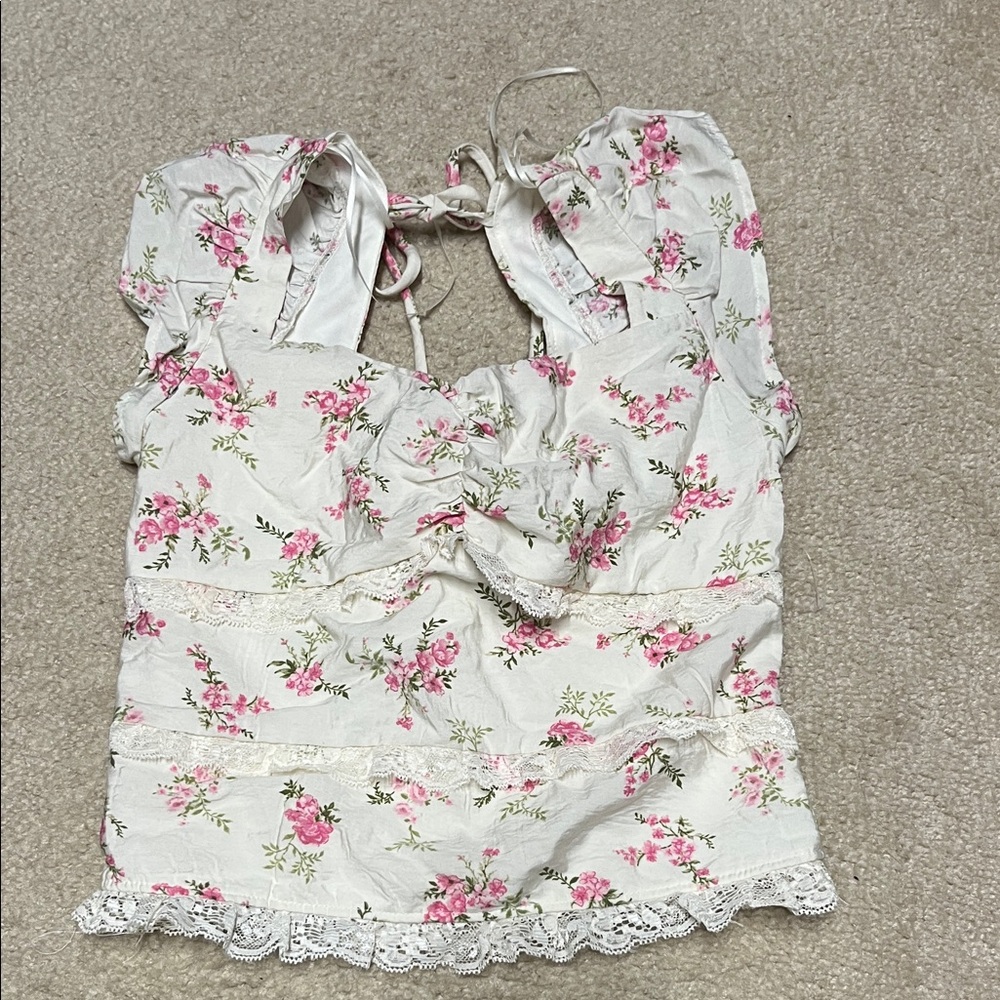 Floral Lace Trim White and Pink Tank Top